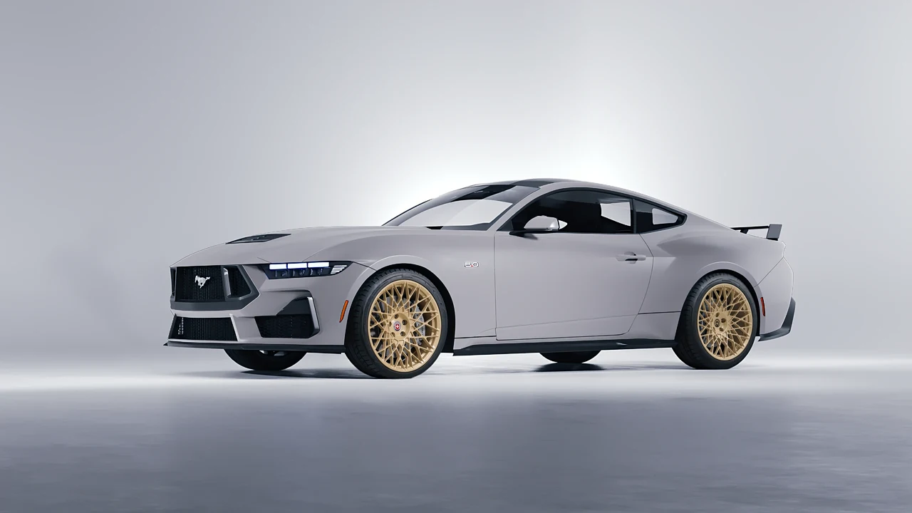 Ford Mustang GT 2024 on HRE Performance Wheels 501M forged wheels, front three-quarter view