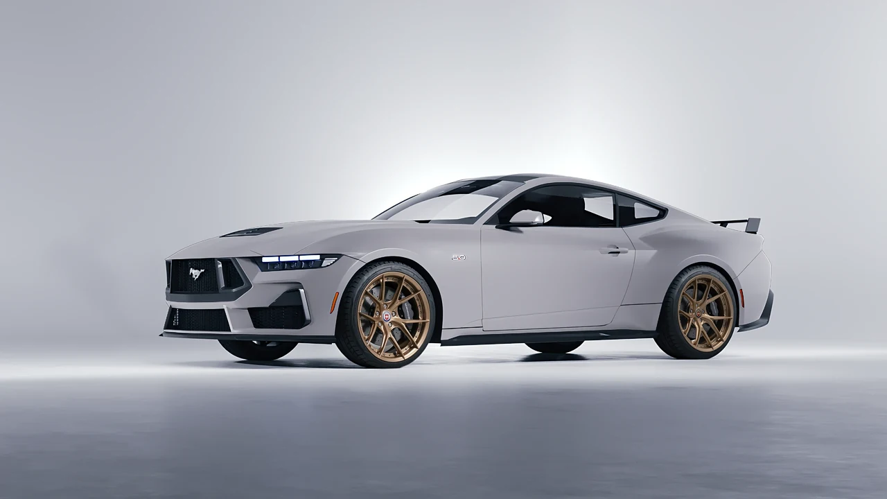 Ford Mustang GT 2024 on HRE Performance Wheels S101SC forged wheels, front three-quarter view