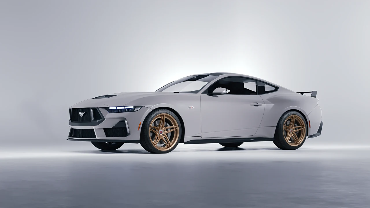 Ford Mustang GT 2024 on HRE Performance Wheels S107SC forged wheels, front three-quarter view