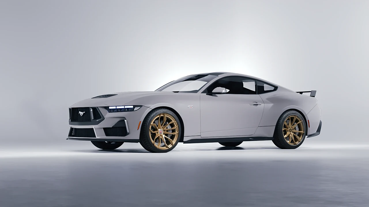 Ford Mustang GT 2024 on HRE Performance Wheels S201H forged wheels, front three-quarter view