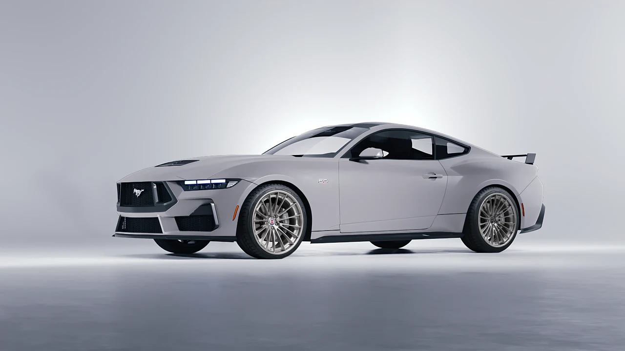Ford Mustang GT 2024 on HRE Performance Wheels S209 forged wheels, front three-quarter view
