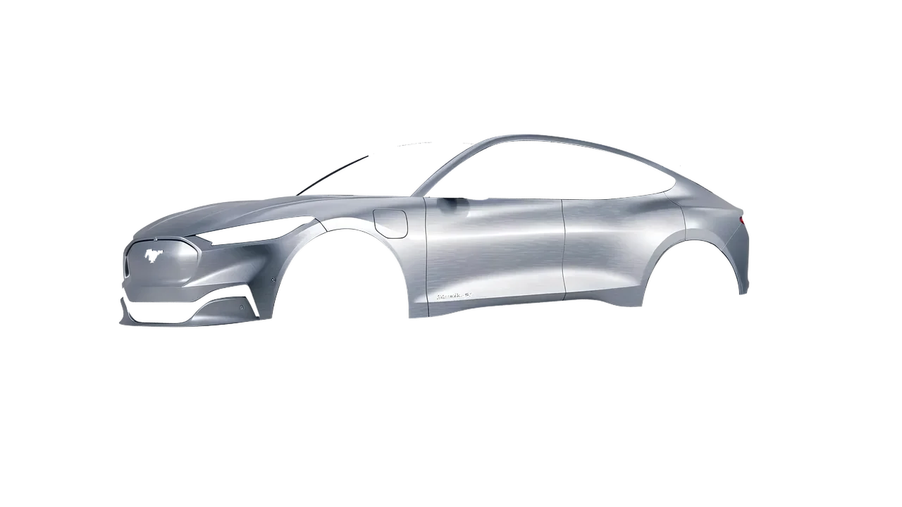 Ford Mustang Mach-E 2021 wrapped in Brushed Aluminum (Avery Dennison SW900-812-X), front three-quarter view