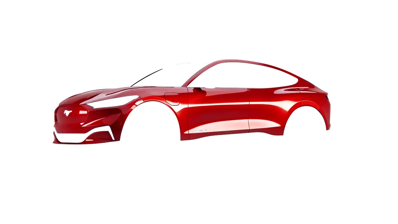 Ford Mustang Mach-E 2021 wrapped in Hot Rod Red (3M G13), front three-quarter view