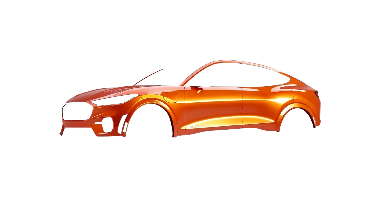 Ford Mustang MACH-E GT 2024 wrapped in Fiery Orange (3M G364), front three-quarter view