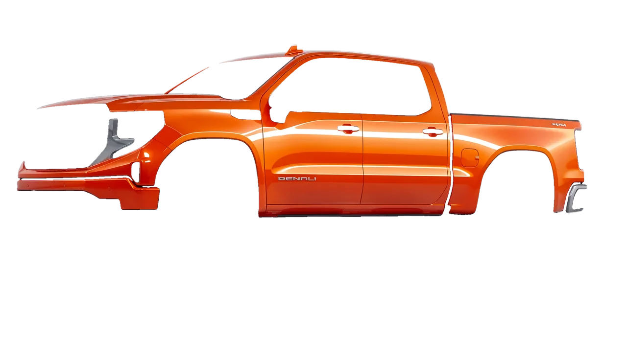 GMC Sierra 1500 Denali 2024 wrapped in Fiery Orange (3M G364), front three-quarter view