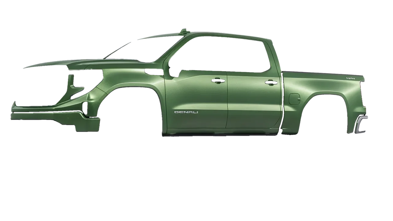 GMC Sierra 1500 Denali 2024 wrapped in Apple Green (Avery Dennison SW900-745-M), front three-quarter view