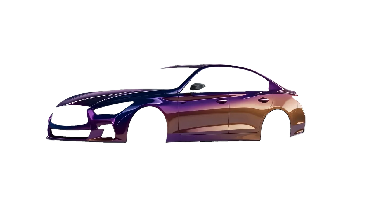 Infiniti Q50 Red Sport 400 2018 wrapped in Gloss Flip Deep Space (3M GP278), front three-quarter view
