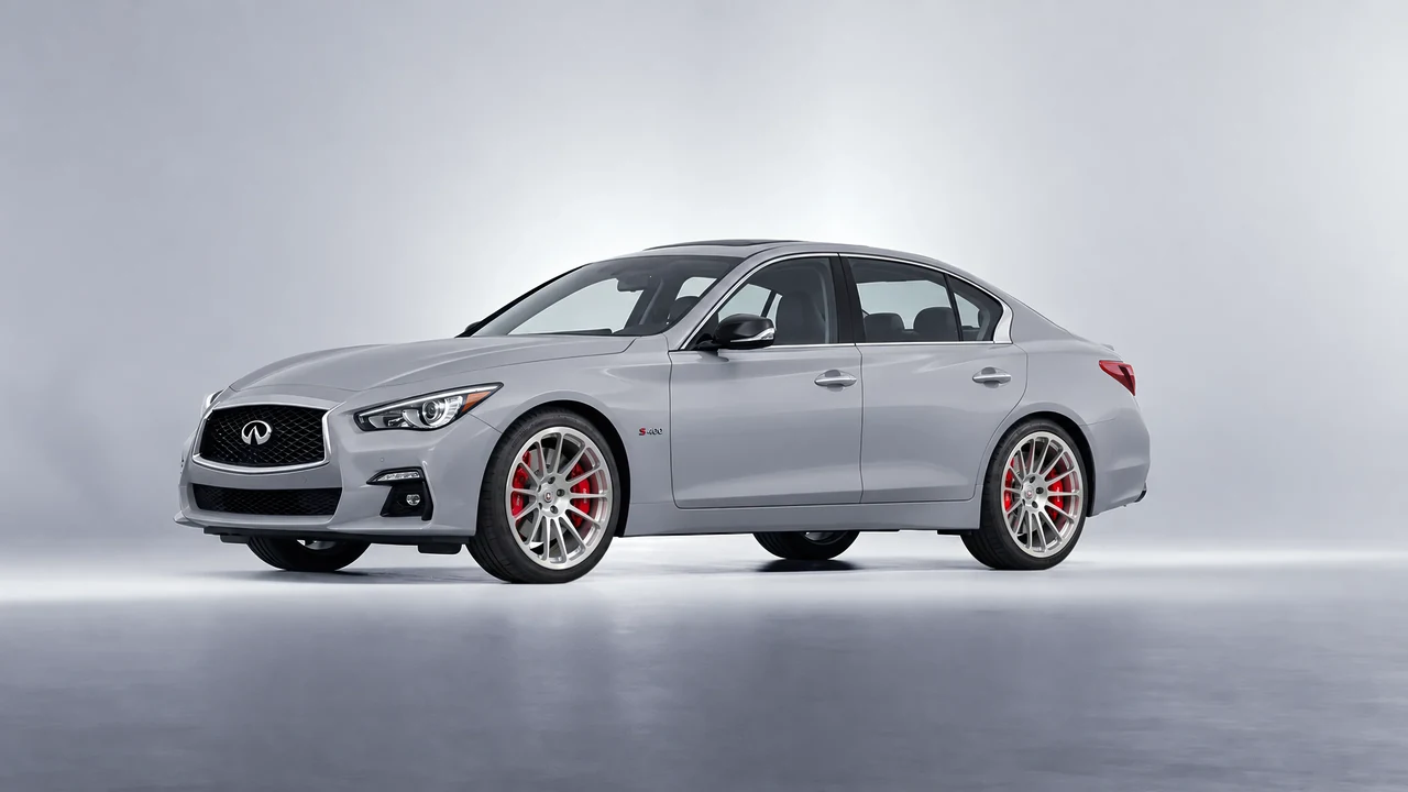 Infiniti Q50 Red Sport 400 2018 on HRE Performance Wheels 303M forged wheels, front three-quarter view