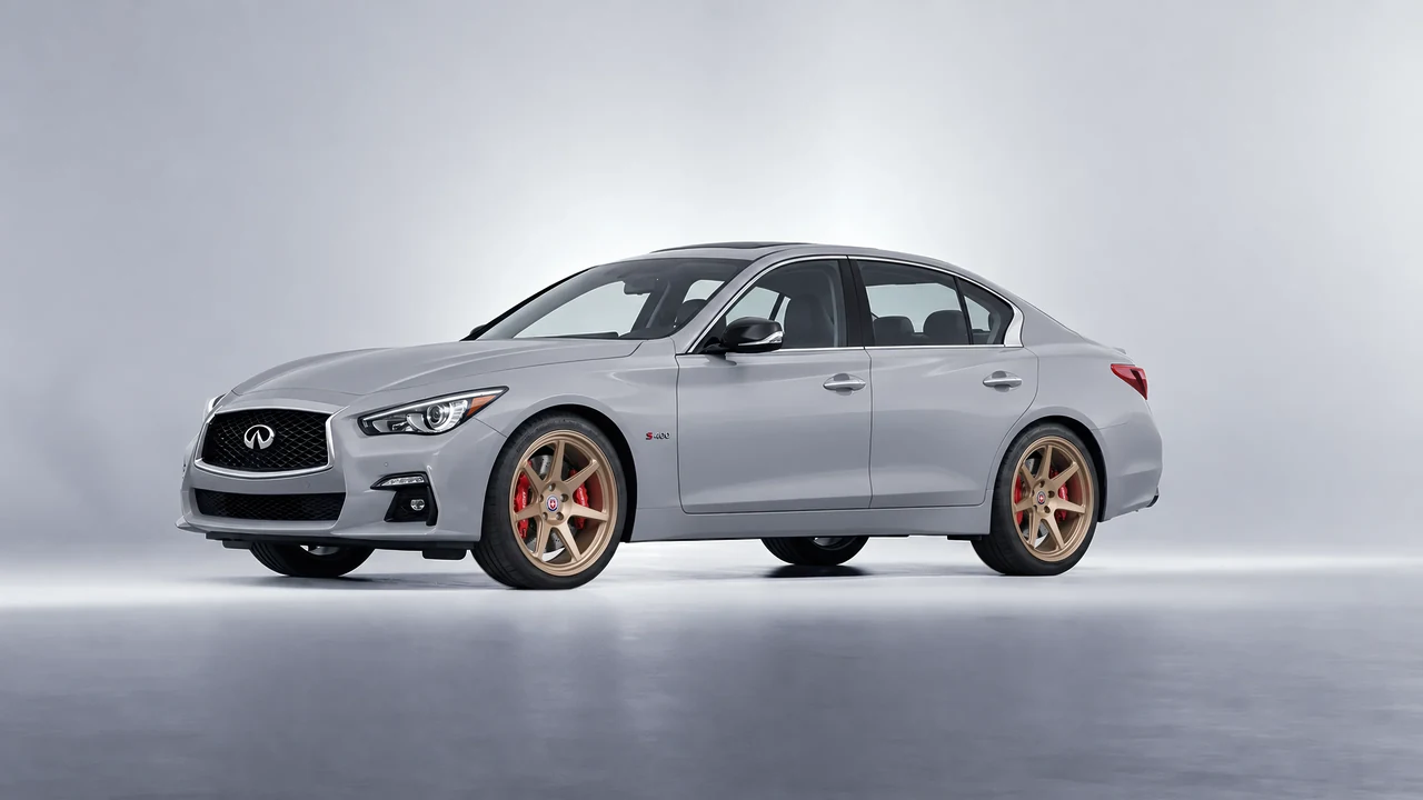 Infiniti Q50 Red Sport 400 2018 on HRE Performance Wheels 307-GTS forged wheels, front three-quarter view
