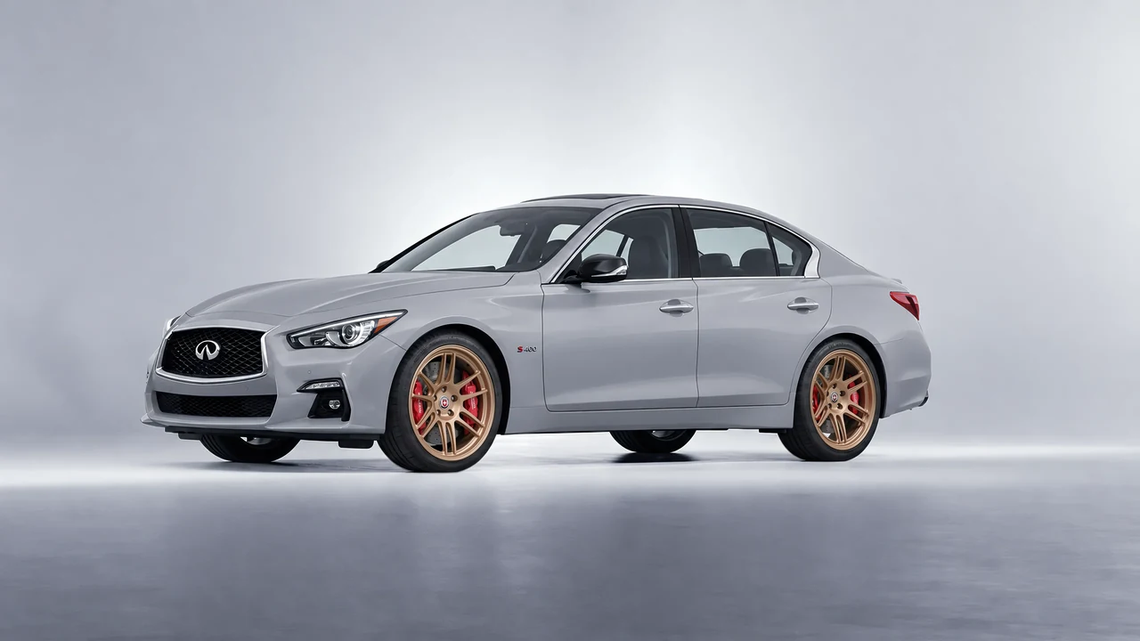 Infiniti Q50 Red Sport 400 2018 on HRE Performance Wheels 312-GTS forged wheels, front three-quarter view
