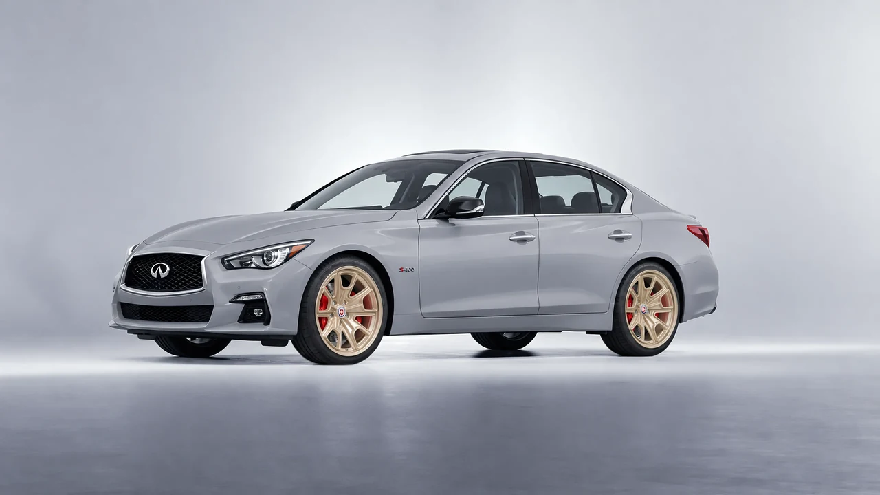 Infiniti Q50 Red Sport 400 2018 on HRE Performance Wheels 427M forged wheels, front three-quarter view