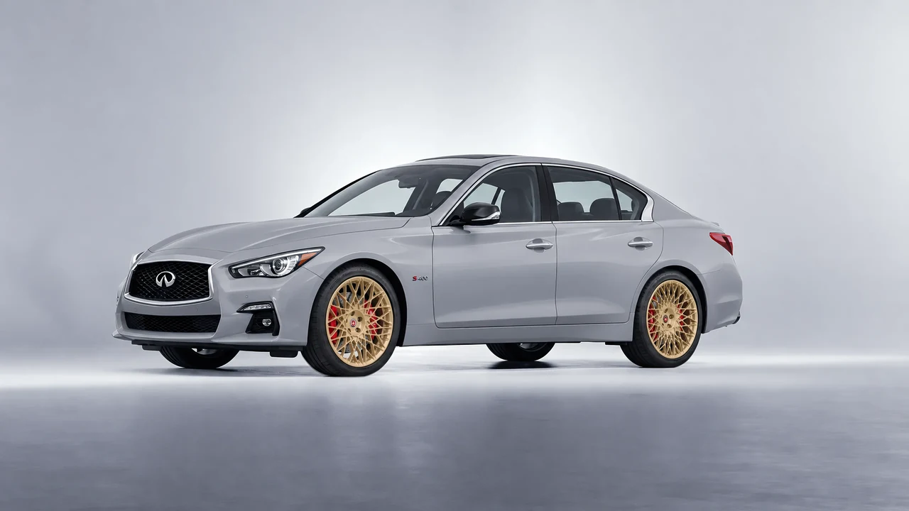 Infiniti Q50 Red Sport 400 2018 on HRE Performance Wheels 501M forged wheels, front three-quarter view