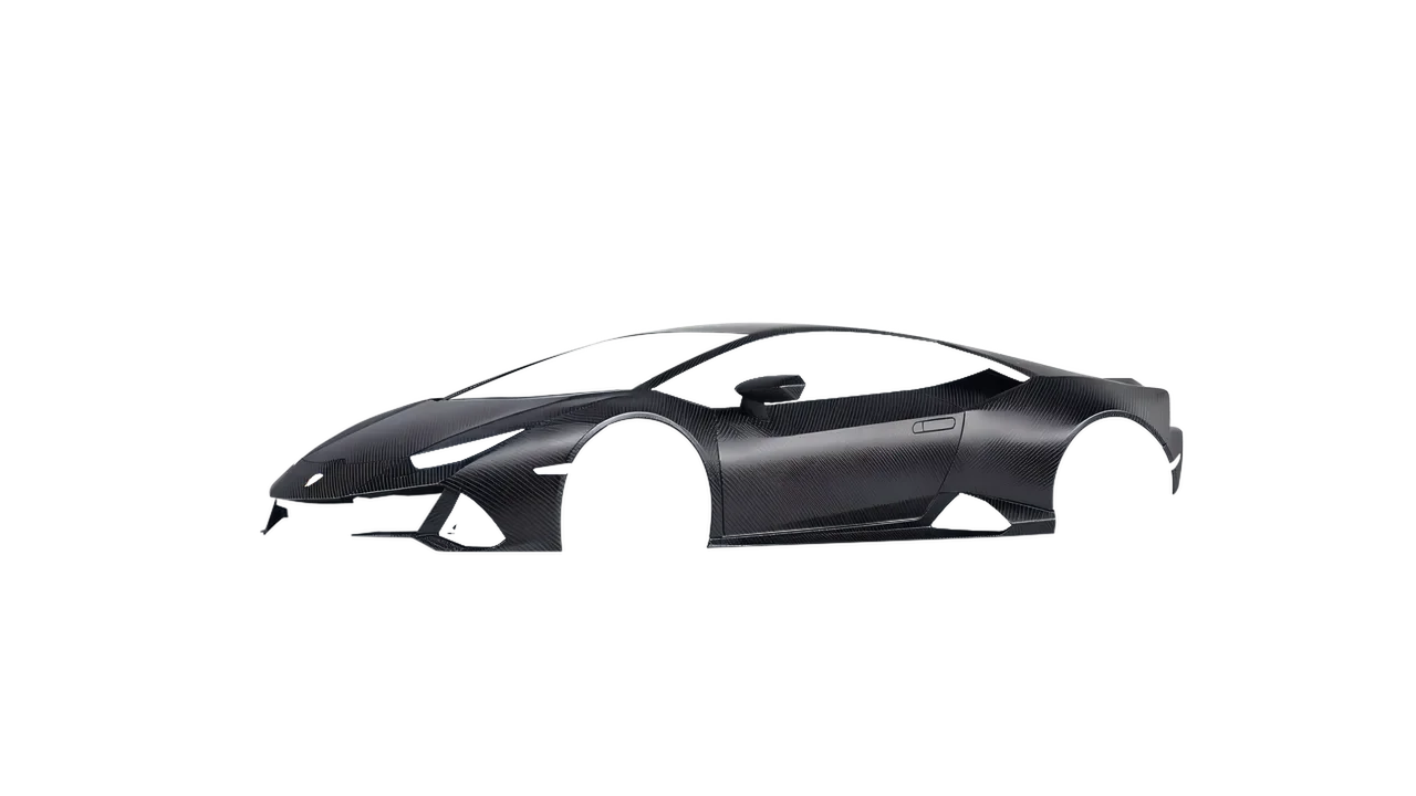 Lamborghini Huracan Evo 2024 wrapped in Black Gloss Carbon Fibre Vehicle Wrapping System (KPMF K87021), front three-quarter view