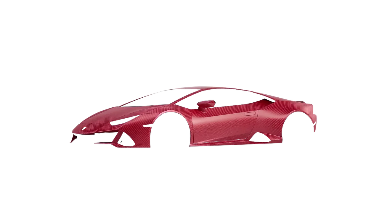 Lamborghini Huracan Evo 2024 wrapped in Geranium Red Carbon (ORACAL 975-305CA), front three-quarter view