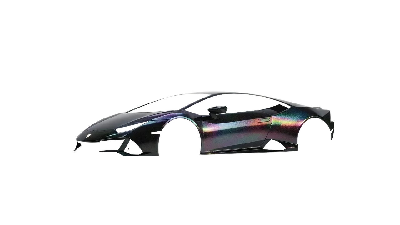 Lamborghini Huracan Evo 2024 wrapped in High Gloss Flip Black Psychedelic (3M HGP221), front three-quarter view