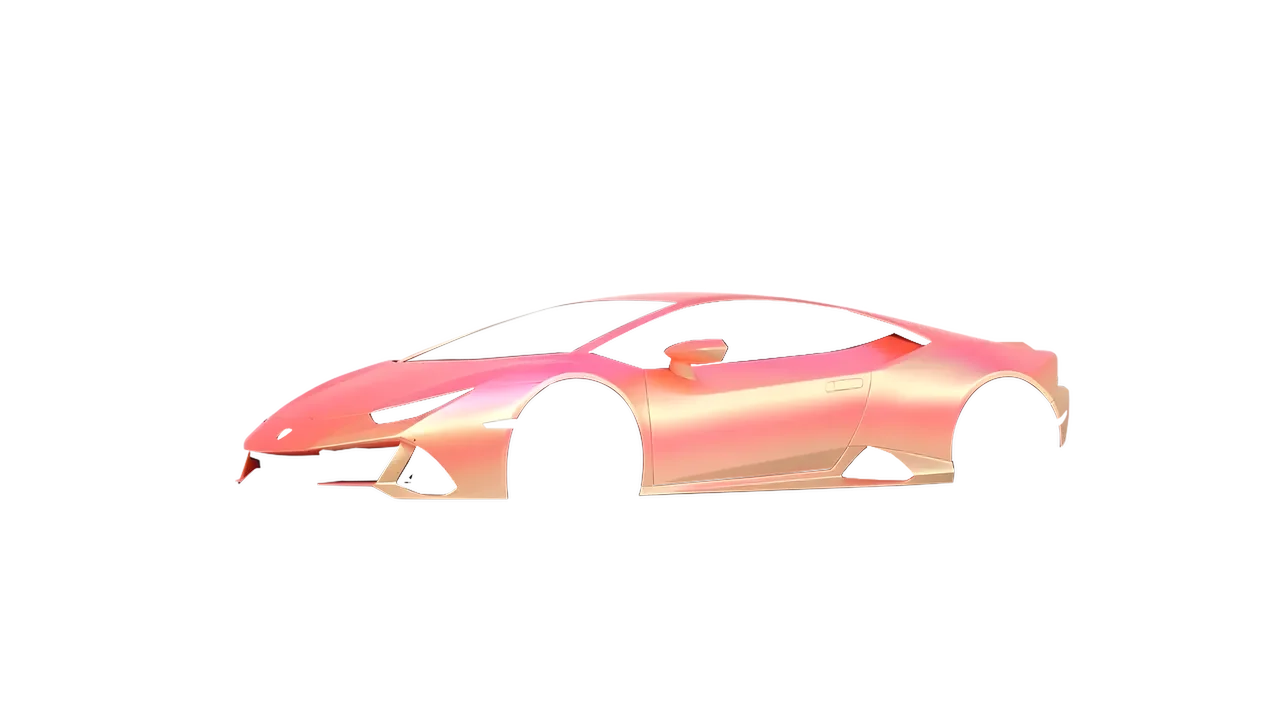 Lamborghini Huracan Evo 2024 wrapped in Satin Flip Electric Coral (3M SP213), front three-quarter view