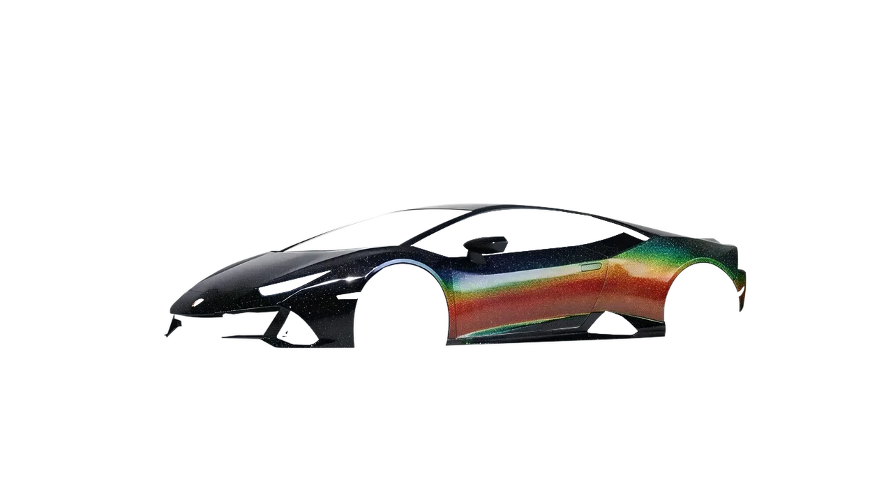 Lamborghini Huracan Evo 2024 wrapped in Morpheus Black Starlight Gloss (KPMF K75470), front three-quarter view