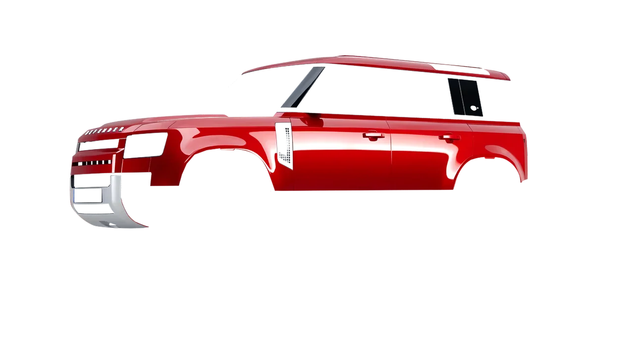 Land Rover Defender 110 2020 wrapped in Hot Rod Red (3M G13), front three-quarter view