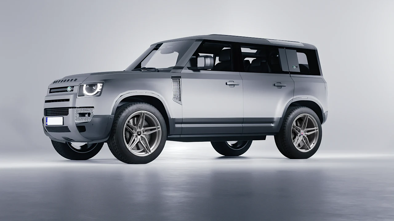 Land Rover Defender 110 2020 on HRE Performance Wheels P107SC forged wheels, front three-quarter view