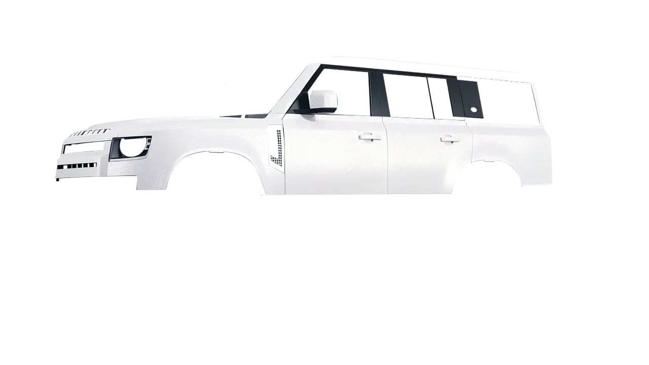Land Rover Defender 130 2023 wrapped in Carbon Fiber White (Avery Dennison SW900-115-X), front three-quarter view