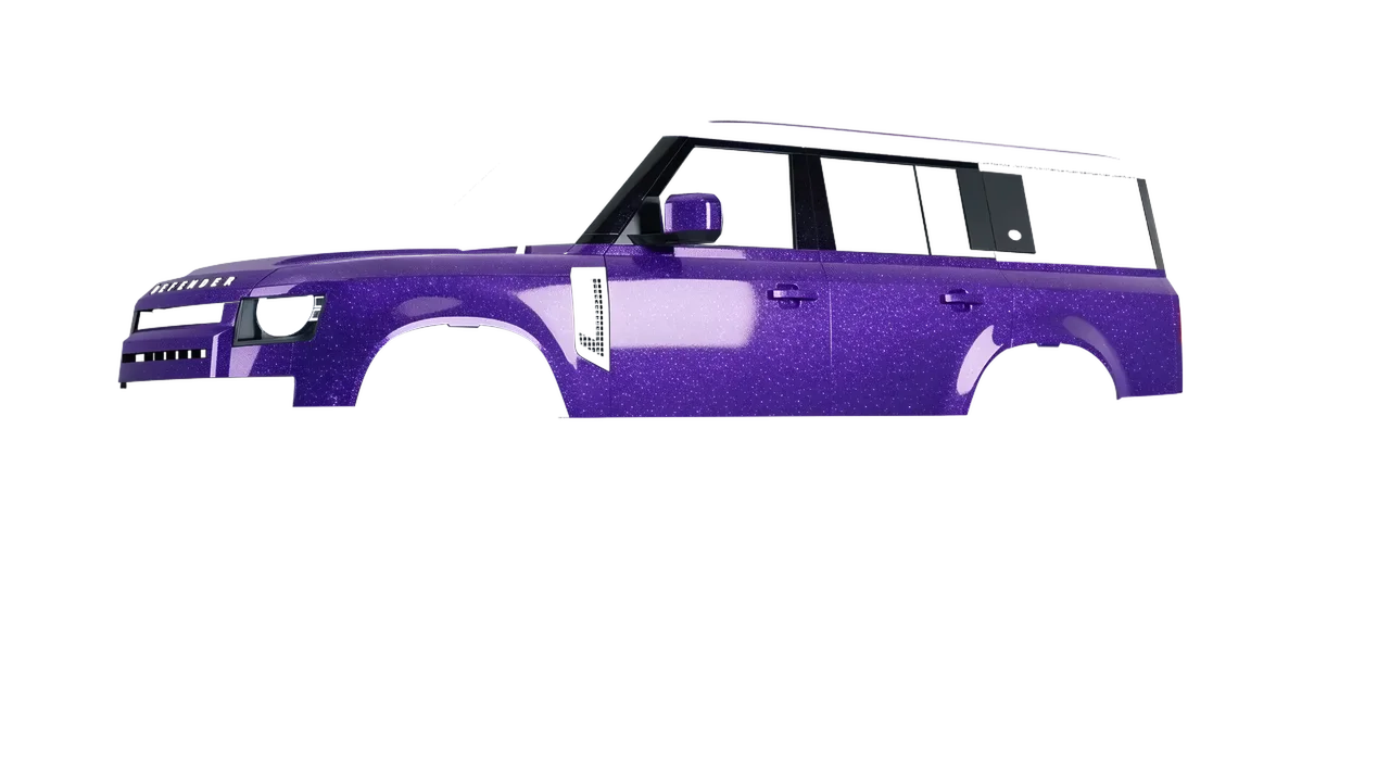 Land Rover Defender 130 2023 wrapped in Purple (Avery Dennison SW900-587-D), front three-quarter view