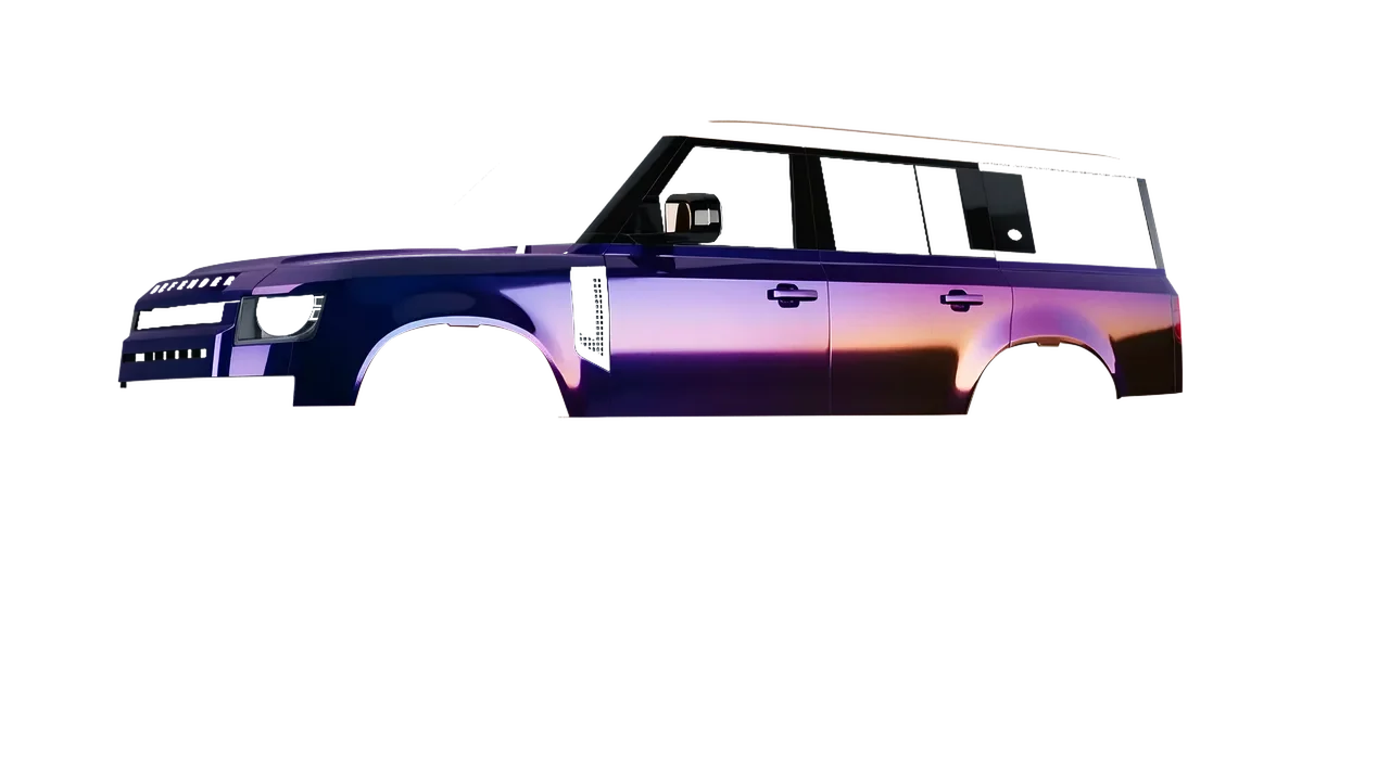 Land Rover Defender 130 2023 wrapped in Gloss Flip Deep Space (3M GP278), front three-quarter view