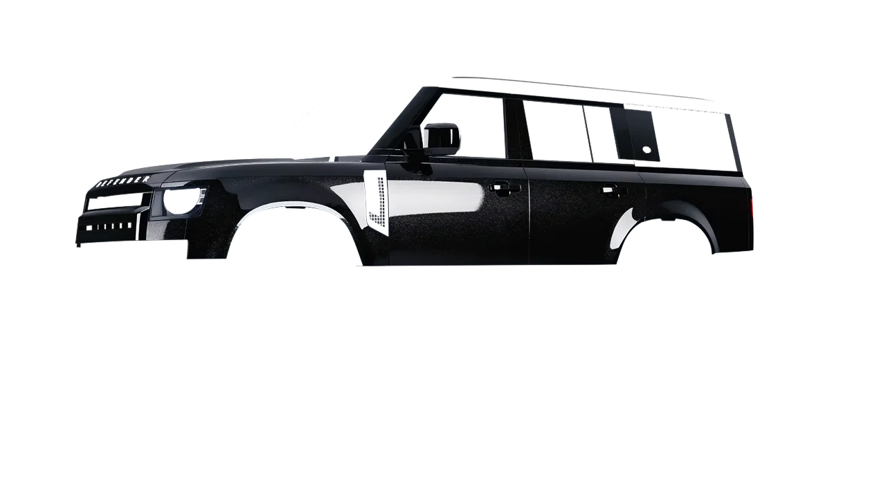 Land Rover Defender 130 2023 wrapped in Mystery Black (Avery Dennison SW900-184-M), front three-quarter view