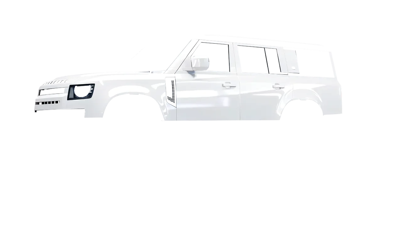 Land Rover Defender 130 2023 wrapped in Gloss White (3M G10), front three-quarter view