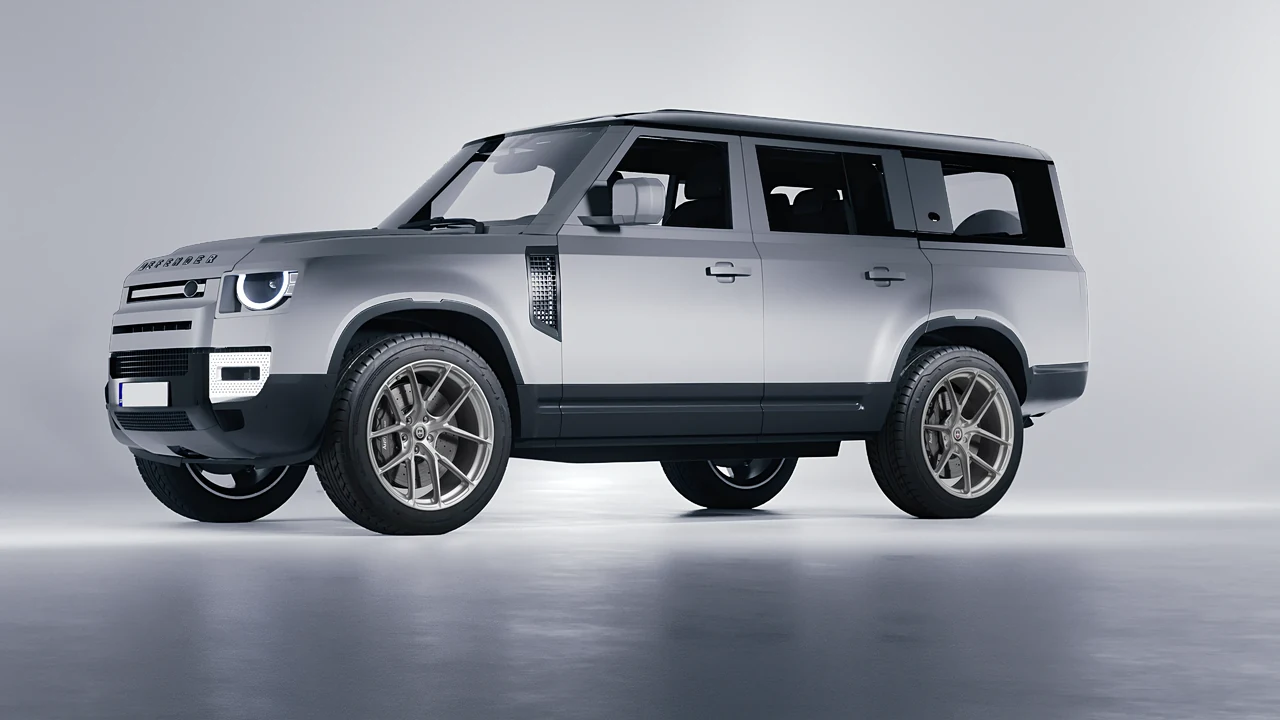 Land Rover Defender 130 2023 on HRE Performance Wheels P101SC forged wheels, front three-quarter view