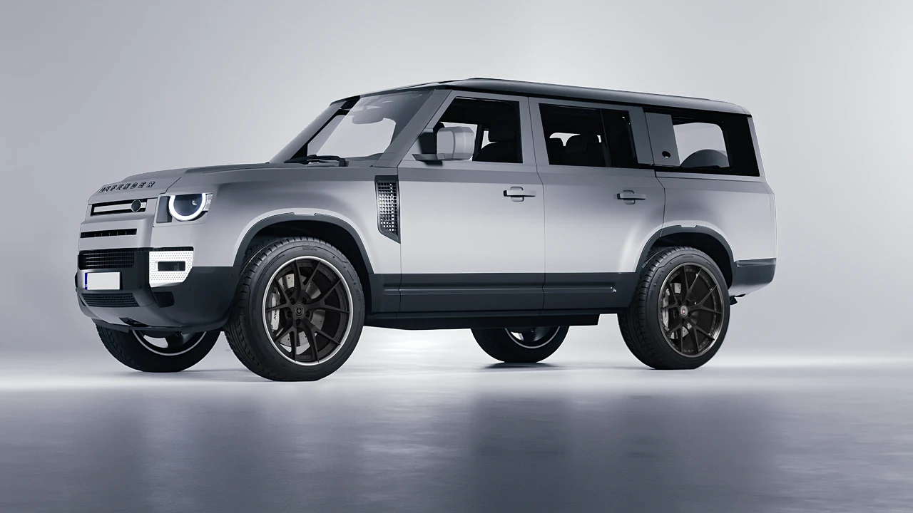 Land Rover Defender 130 2023 on HRE Performance Wheels S101 forged wheels, front three-quarter view