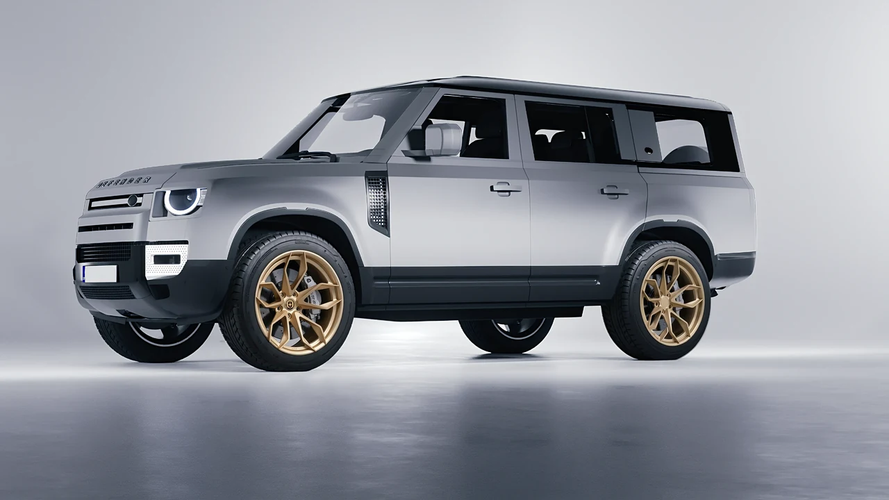 Land Rover Defender 130 2023 on HRE Performance Wheels S201H forged wheels, front three-quarter view
