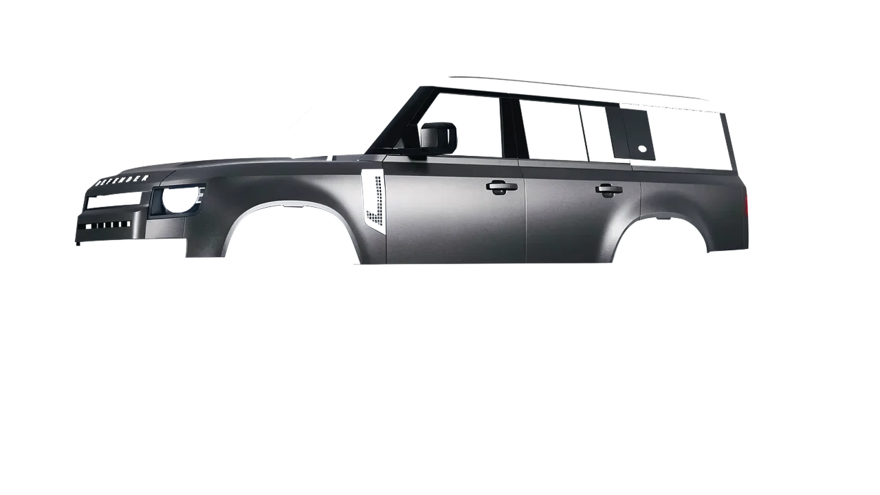 Land Rover Defender 130 2023 wrapped in Black Rock Grey (Avery Dennison SW900-823-M), front three-quarter view