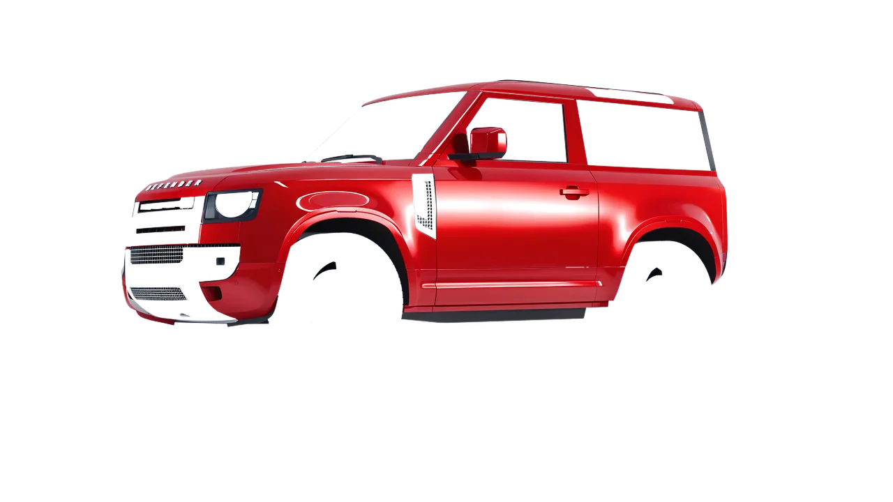 Land Rover Defender 90 V8 2022 wrapped in Hot Rod Red (3M G13), front three-quarter view