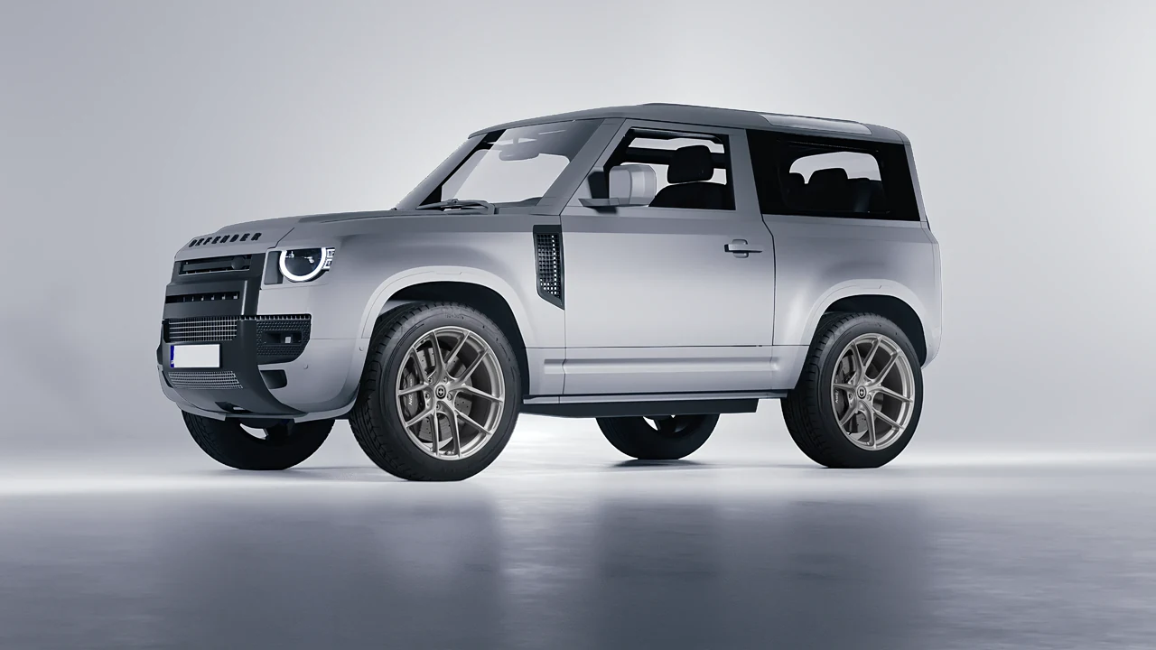 Land Rover Defender 90 V8 2022 on HRE Performance Wheels P101SC forged wheels, front three-quarter view