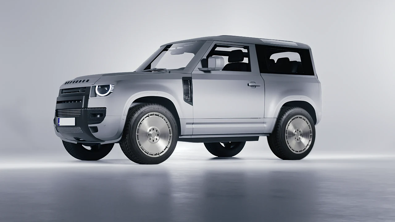 Land Rover Defender 90 V8 2022 on RDB LA Zero forged wheels, front three-quarter view