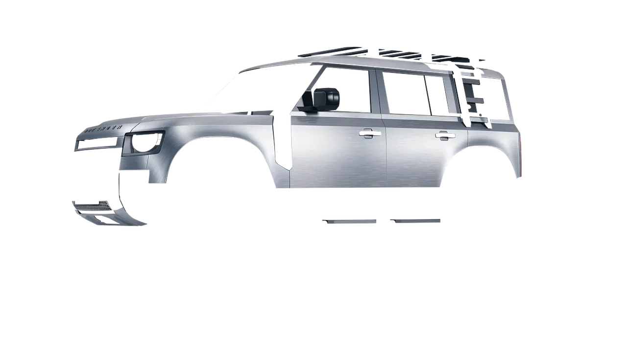 Land Rover Defender Explorer Pack 2021 wrapped in Brushed Aluminum (Avery Dennison SW900-812-X), front three-quarter view