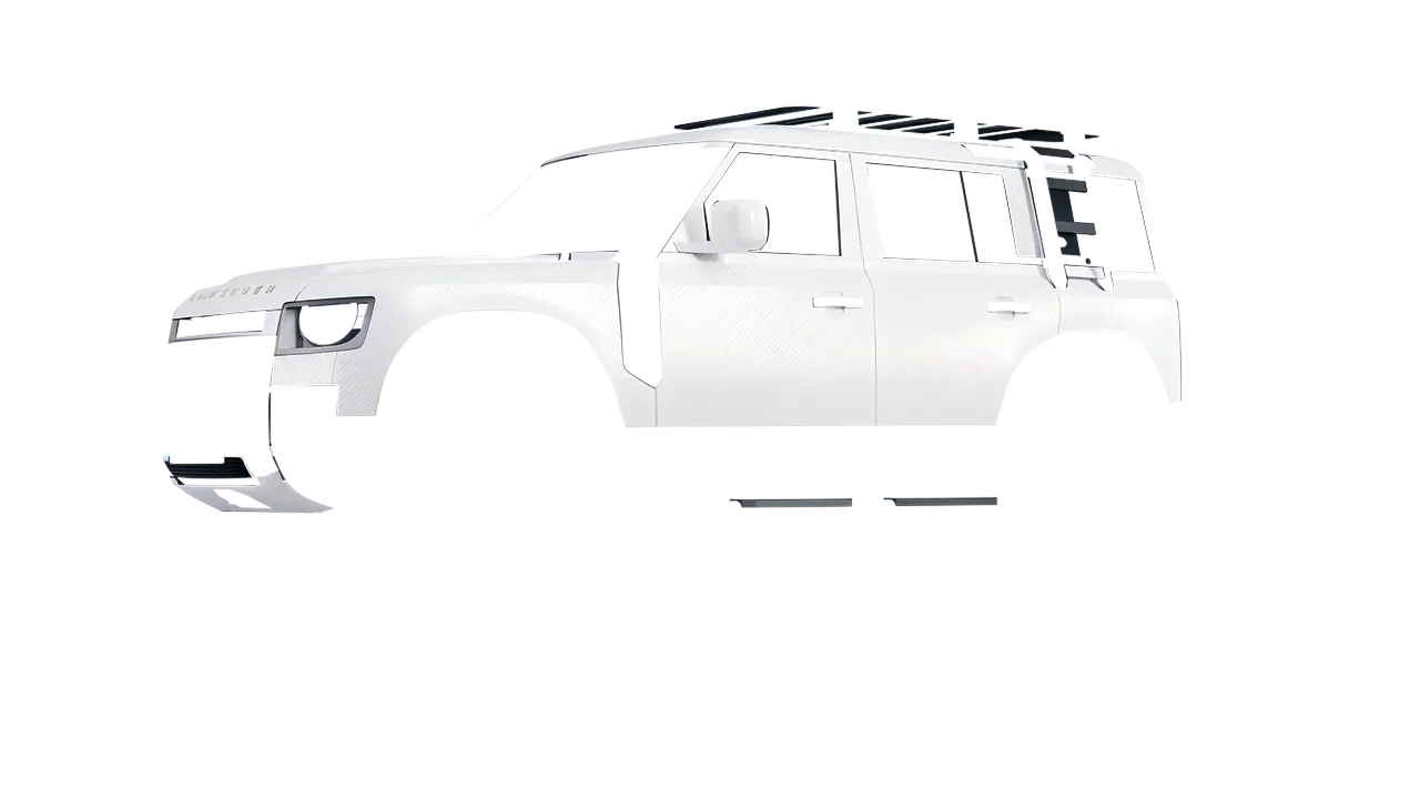 Land Rover Defender Explorer Pack 2021 wrapped in Carbon Fiber White (Avery Dennison SW900-115-X), front three-quarter view