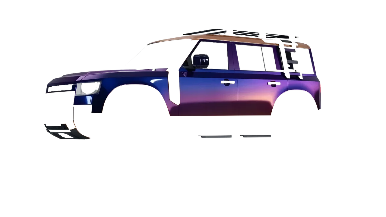 Land Rover Defender Explorer Pack 2021 wrapped in Gloss Flip Deep Space (3M GP278), front three-quarter view