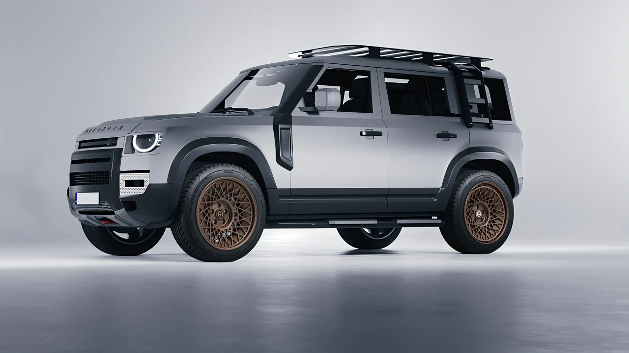 Land Rover Defender Explorer Pack 2021 on HRE Performance Wheels 501-GTM forged wheels, front three-quarter view