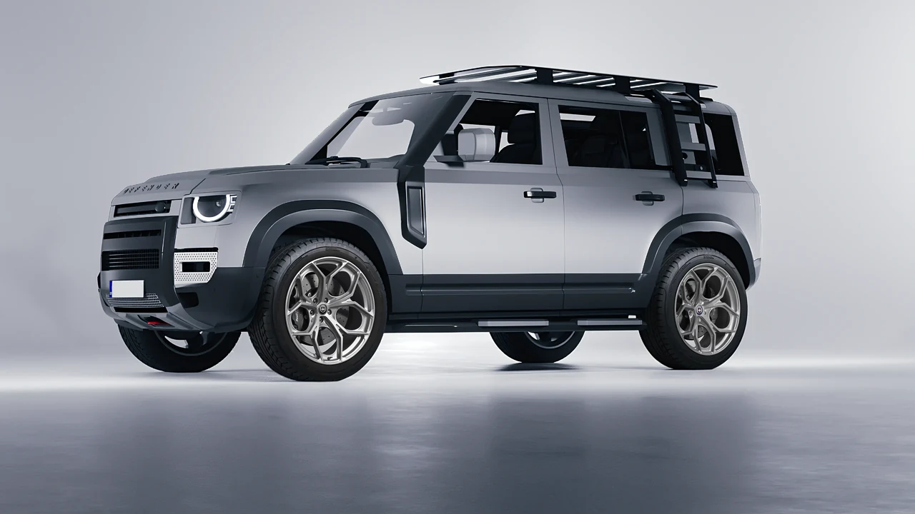 Land Rover Defender Explorer Pack 2021 on HRE Performance Wheels P111SC forged wheels, front three-quarter view