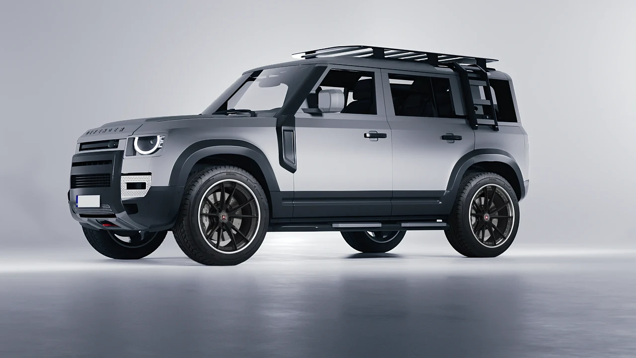 Land Rover Defender Explorer Pack 2021 on HRE Performance Wheels S104 forged wheels, front three-quarter view