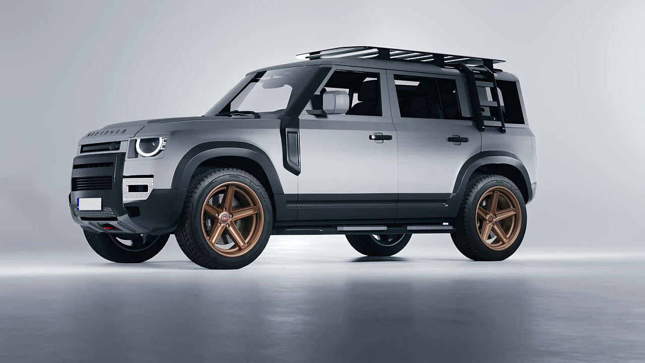 Land Rover Defender Explorer Pack 2021 on HRE Performance Wheels Tusk forged wheels, front three-quarter view