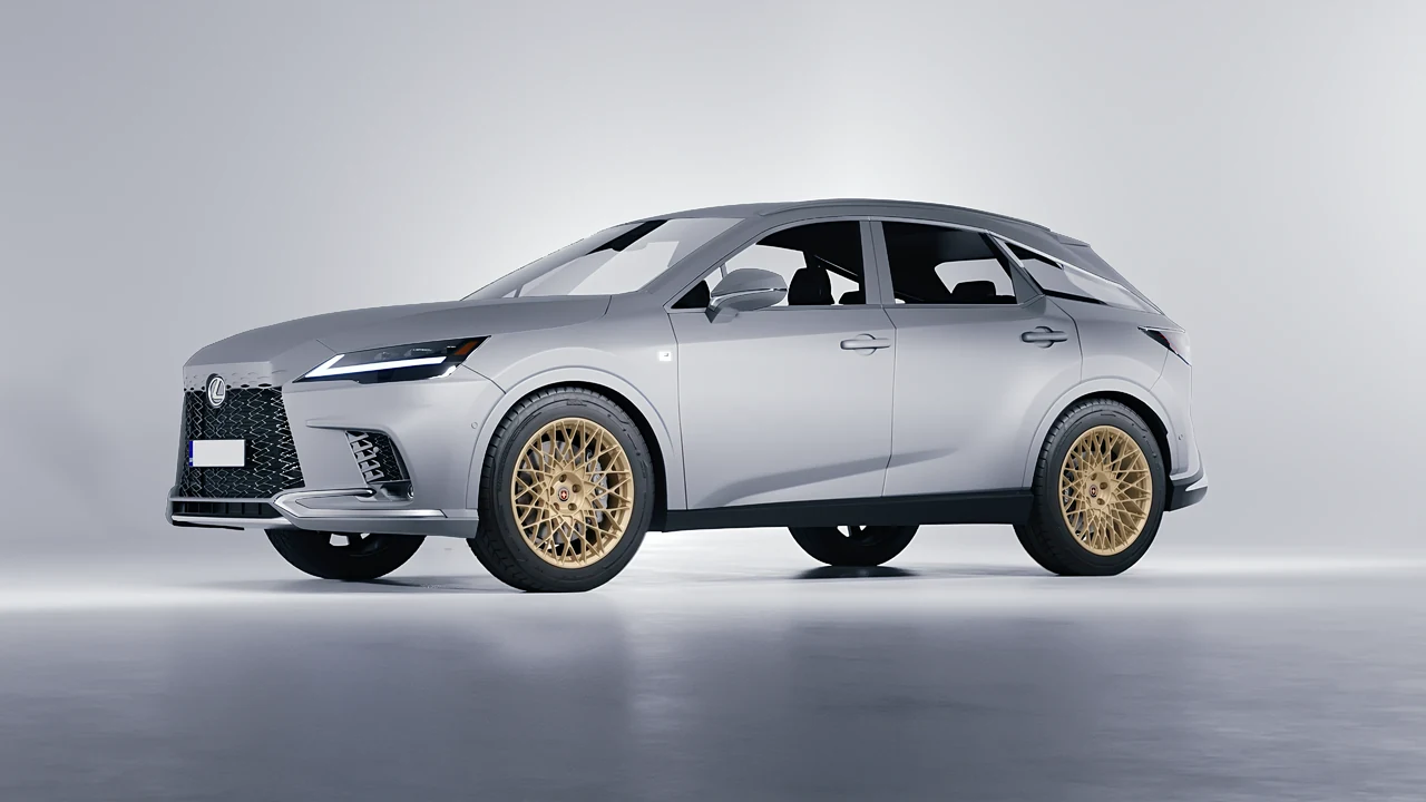 Lexus RX 500h F Sport 2023 on HRE Performance Wheels 501M forged wheels, front three-quarter view