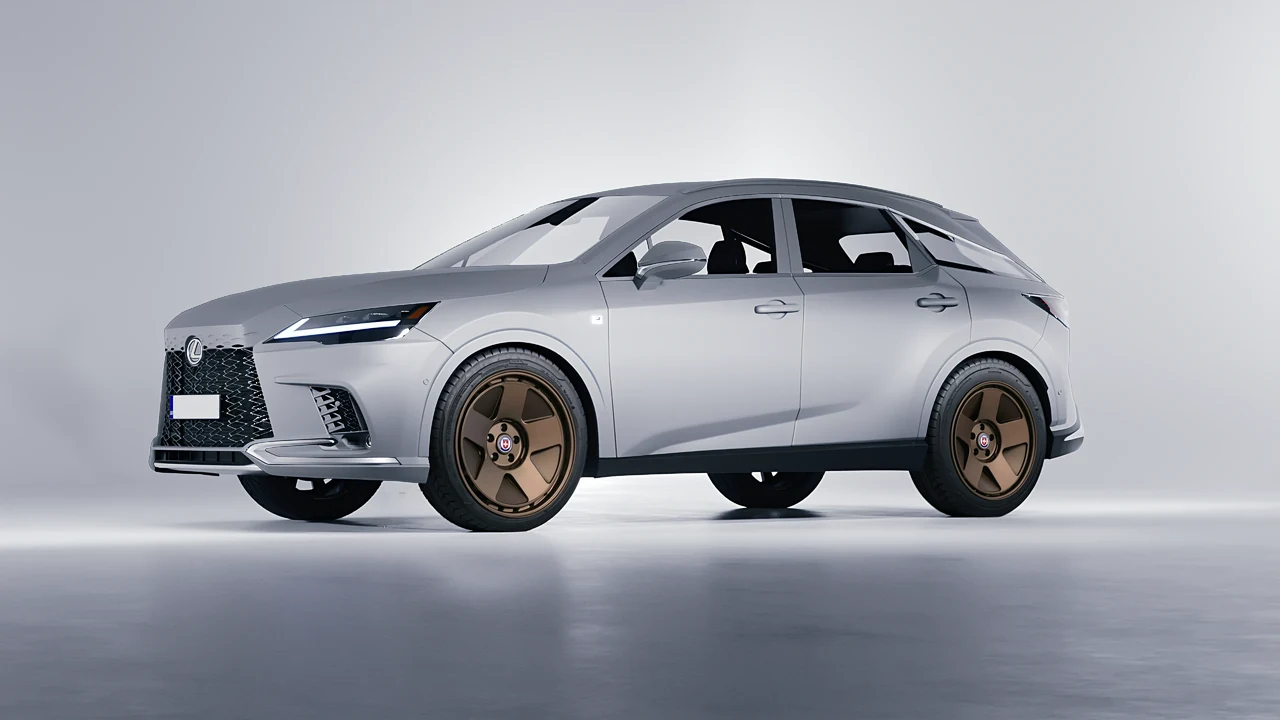 Lexus RX 500h F Sport 2023 on HRE Performance Wheels 555-GTM forged wheels, front three-quarter view
