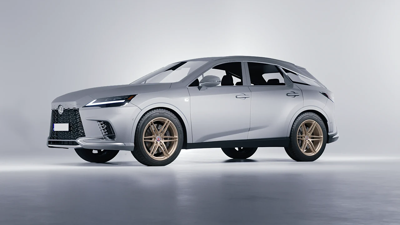 Lexus RX 500h F Sport 2023 on HRE Performance Wheels P106 forged wheels, front three-quarter view