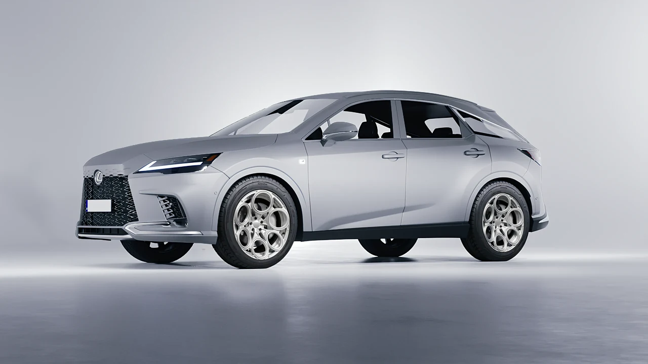 Lexus RX 500h F Sport 2023 on RDB LA Revolver forged wheels, front three-quarter view
