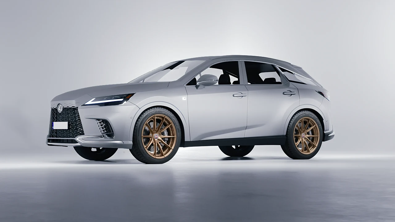 Lexus RX 500h F Sport 2023 on HRE Performance Wheels S104SC forged wheels, front three-quarter view