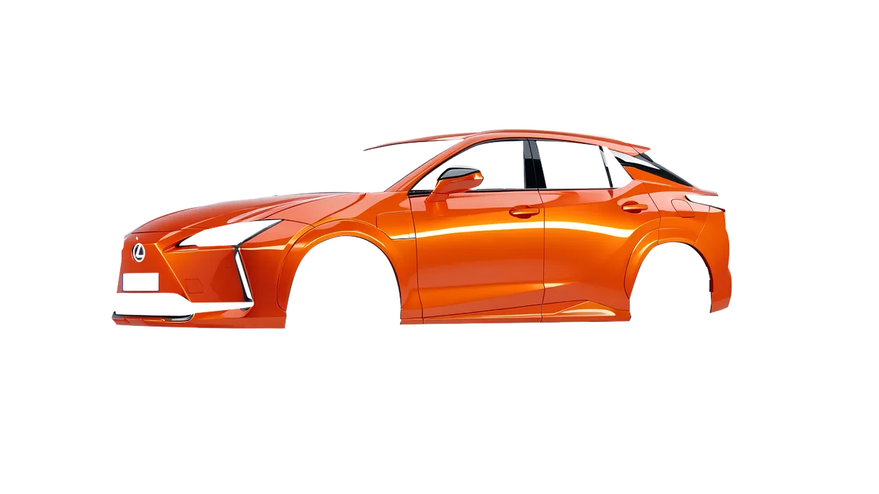 Lexus RZ 450e 2023 wrapped in Fiery Orange (3M G364), front three-quarter view