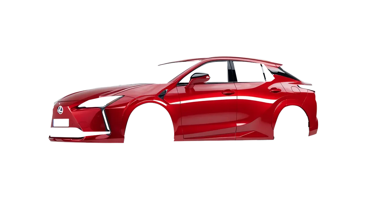 Lexus RZ 450e 2023 wrapped in Hot Rod Red (3M G13), front three-quarter view