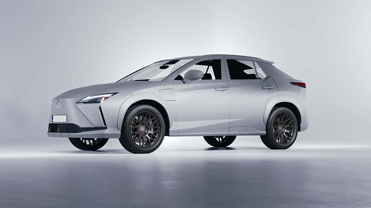 Lexus RZ 450e 2023 on HRE Performance Wheels 300-GT forged wheels, front three-quarter view